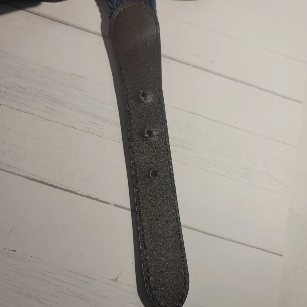 Navy‎ Blue Canvas Woven Belt Large Brown Leather Preppy Casual Business